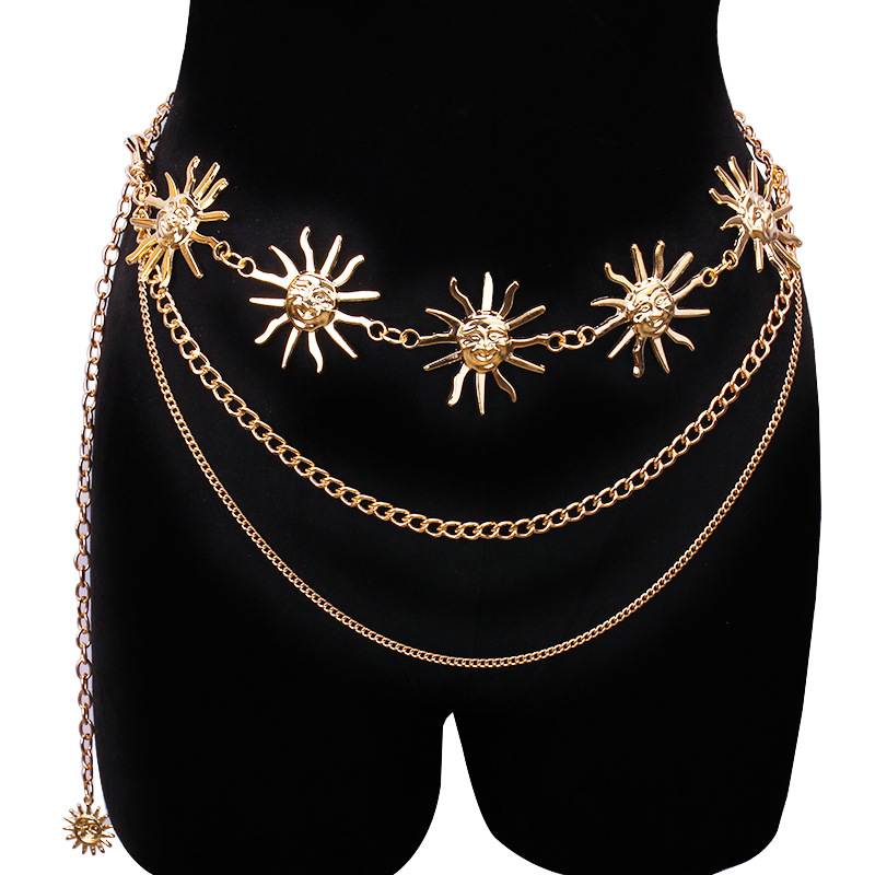 Body Jewelry Beach - Klobige mehrschichtige Punk-Gothic-Mond-Sonnen-Taillenkette, Metall-Taillengürtel für Frauen,
